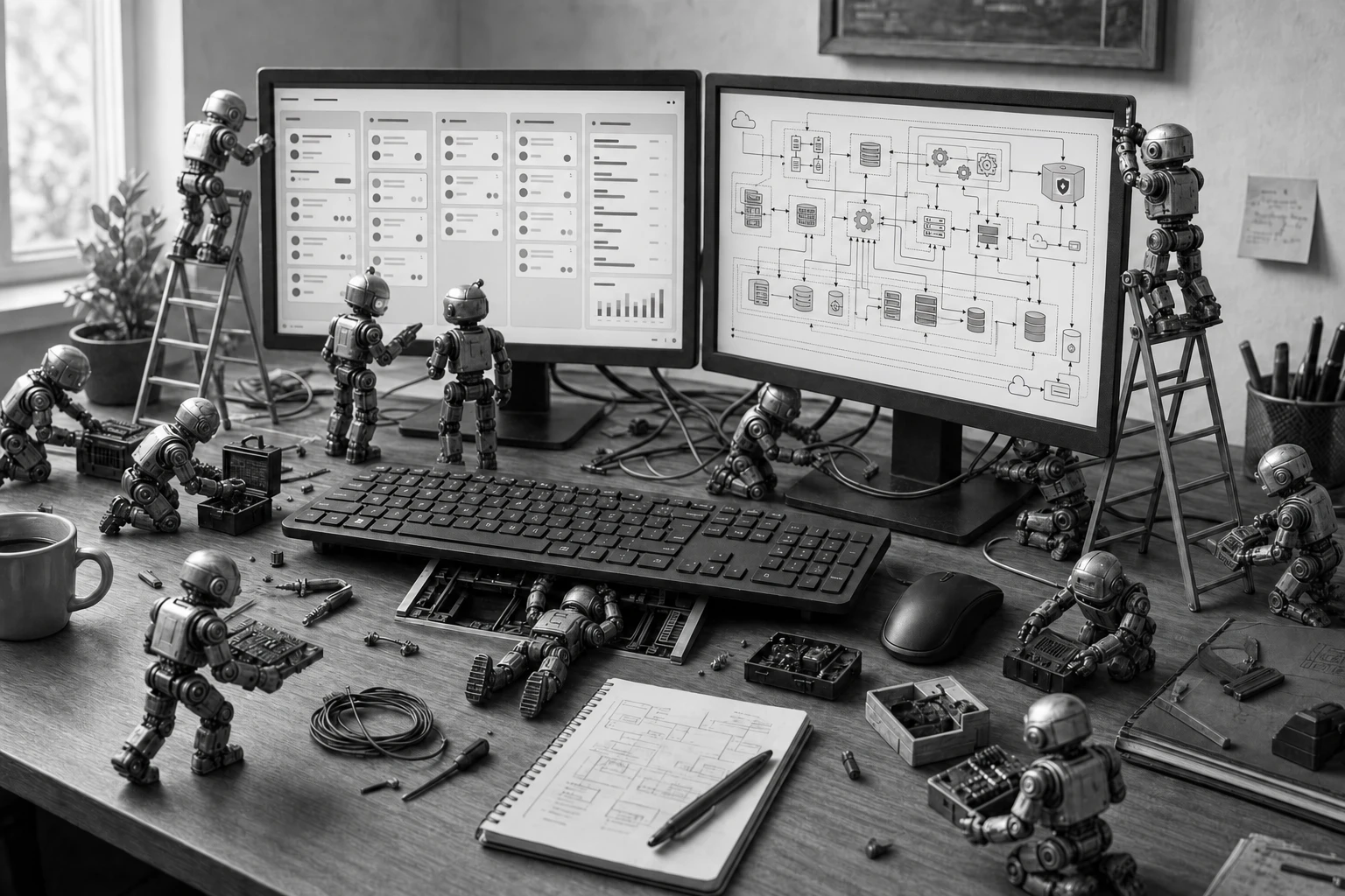 Kleine Roboter arbeiten wie Handwerker an einem Schreibtisch; die Monitore zeigen ein Arbeitsboard und eine komplexe Systemarchitektur