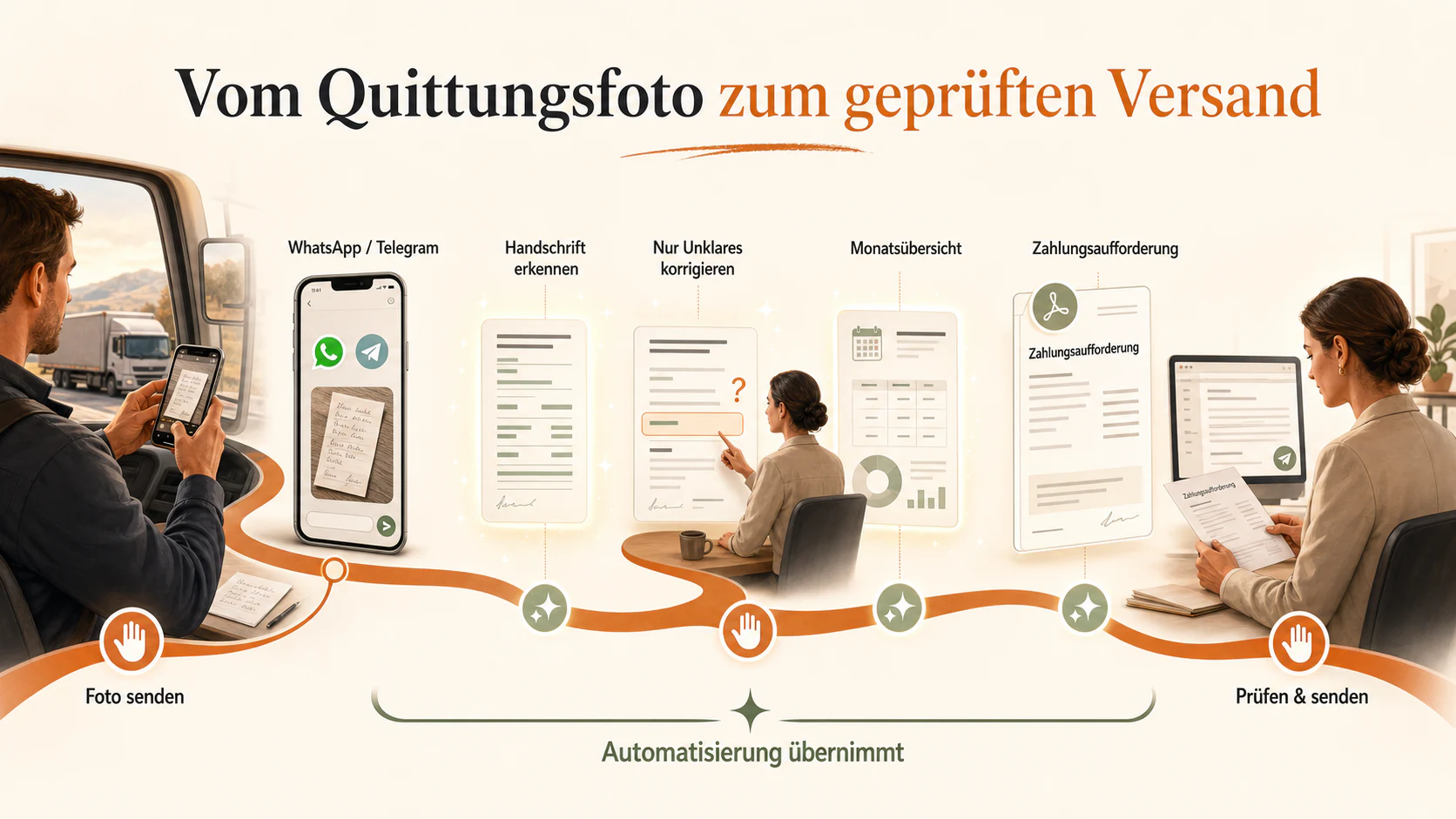 Endanwender-Workflow: Quittungsfoto per WhatsApp oder Telegram, Handschrifterkennung, Korrektur unklarer Angaben, Monatsübersicht, Zahlungsaufforderung sowie Prüfung und Versand durch die Büro-Mitarbeiterin.