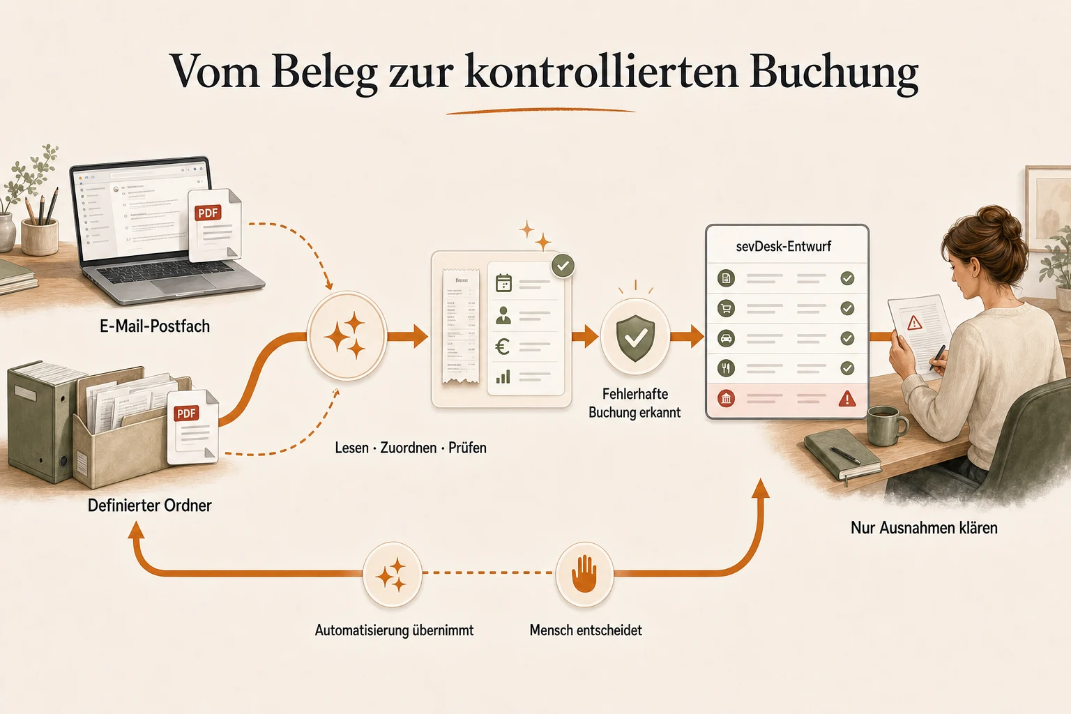 Endanwender-Workflow: Belege aus E-Mail-Postfach und definiertem Ordner werden gelesen, zugeordnet und geprüft; fehlerhafte Buchungen werden erkannt und nur Ausnahmen müssen fachlich geklärt werden.