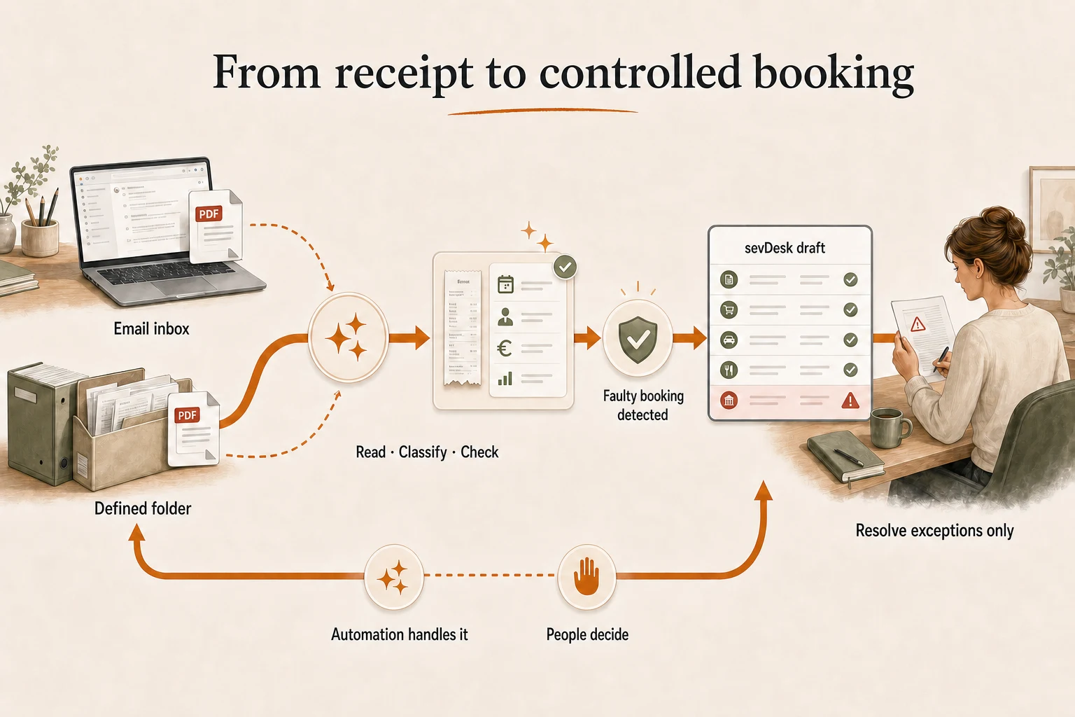 End-user workflow: receipts from an email inbox and a defined folder are read, classified and checked; faulty bookings are detected and only exceptions require business review.